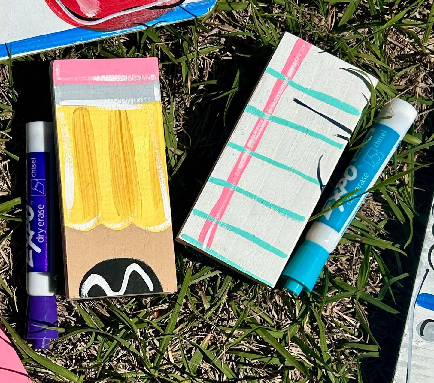 Teacher Dry Eraser set with marker, painted like a pencil or sheet of paper. Can be personalized.