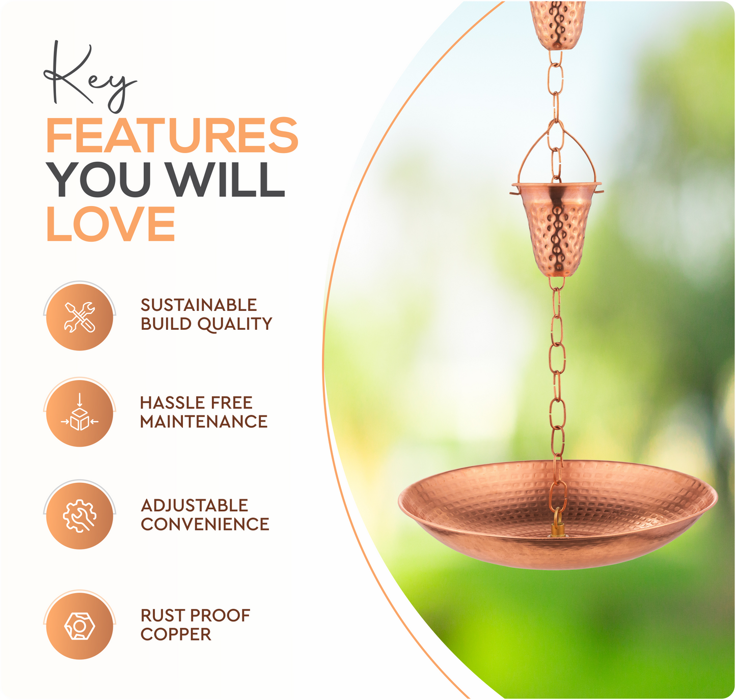 Marrgon 11" Copper Anchoring Basin - Hammered Metal Bowl for Rain Chain Downspouts