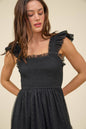 POLKA DOT CHIFFON SMOCKED RUFFLE DETAIL MINI DRESS