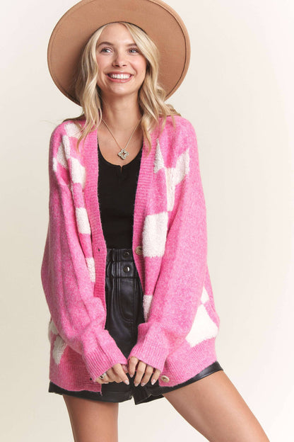 LESW3588- PUFF CHECKER SWEATER CARDIGAN