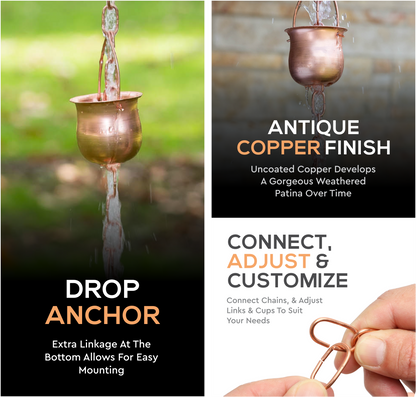 Marrgon Copper Rain Chain with Pot Style Cups for Gutter