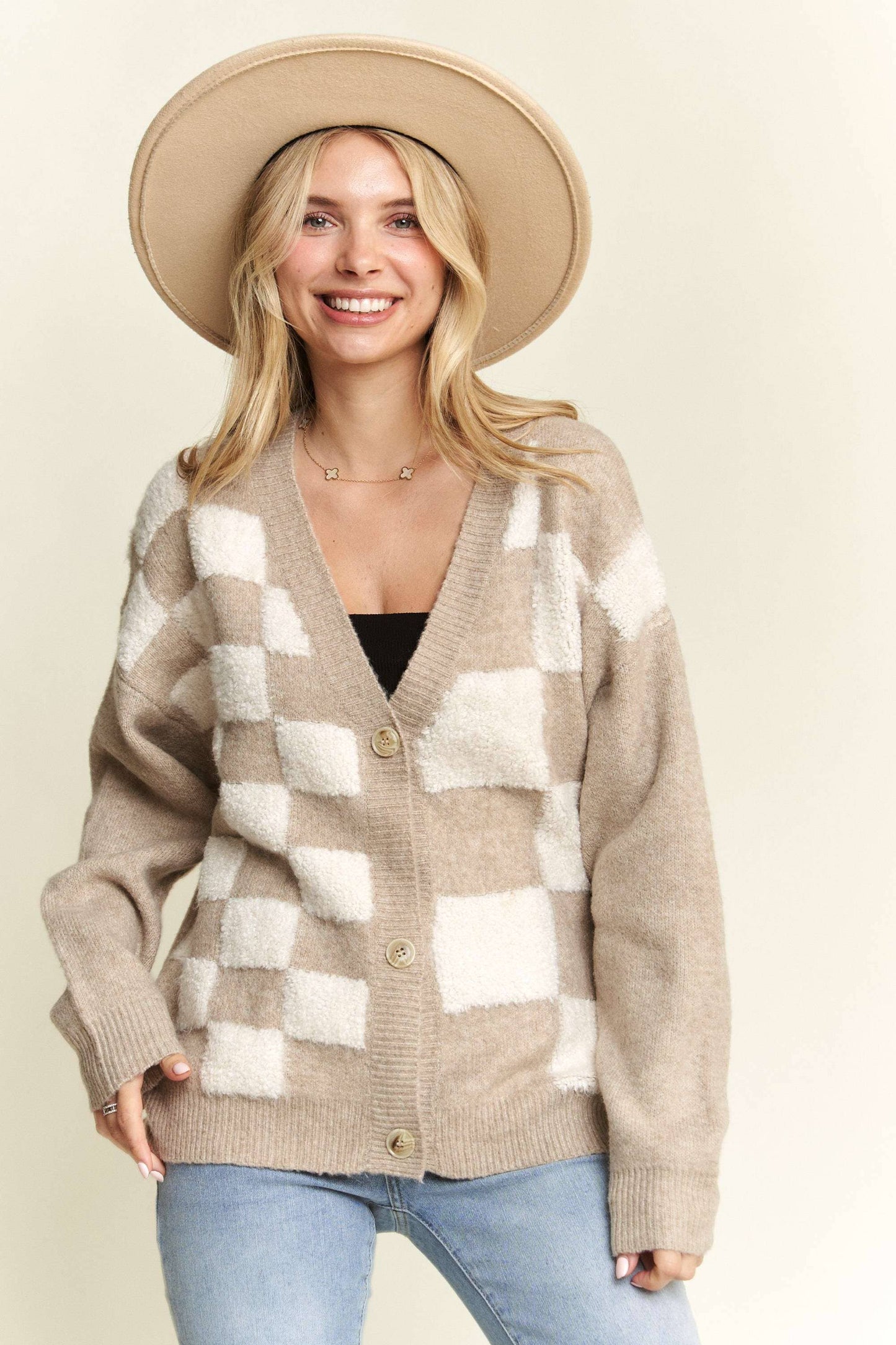 LESW3588- PUFF CHECKER SWEATER CARDIGAN