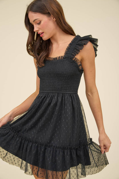 POLKA DOT CHIFFON SMOCKED RUFFLE DETAIL MINI DRESS