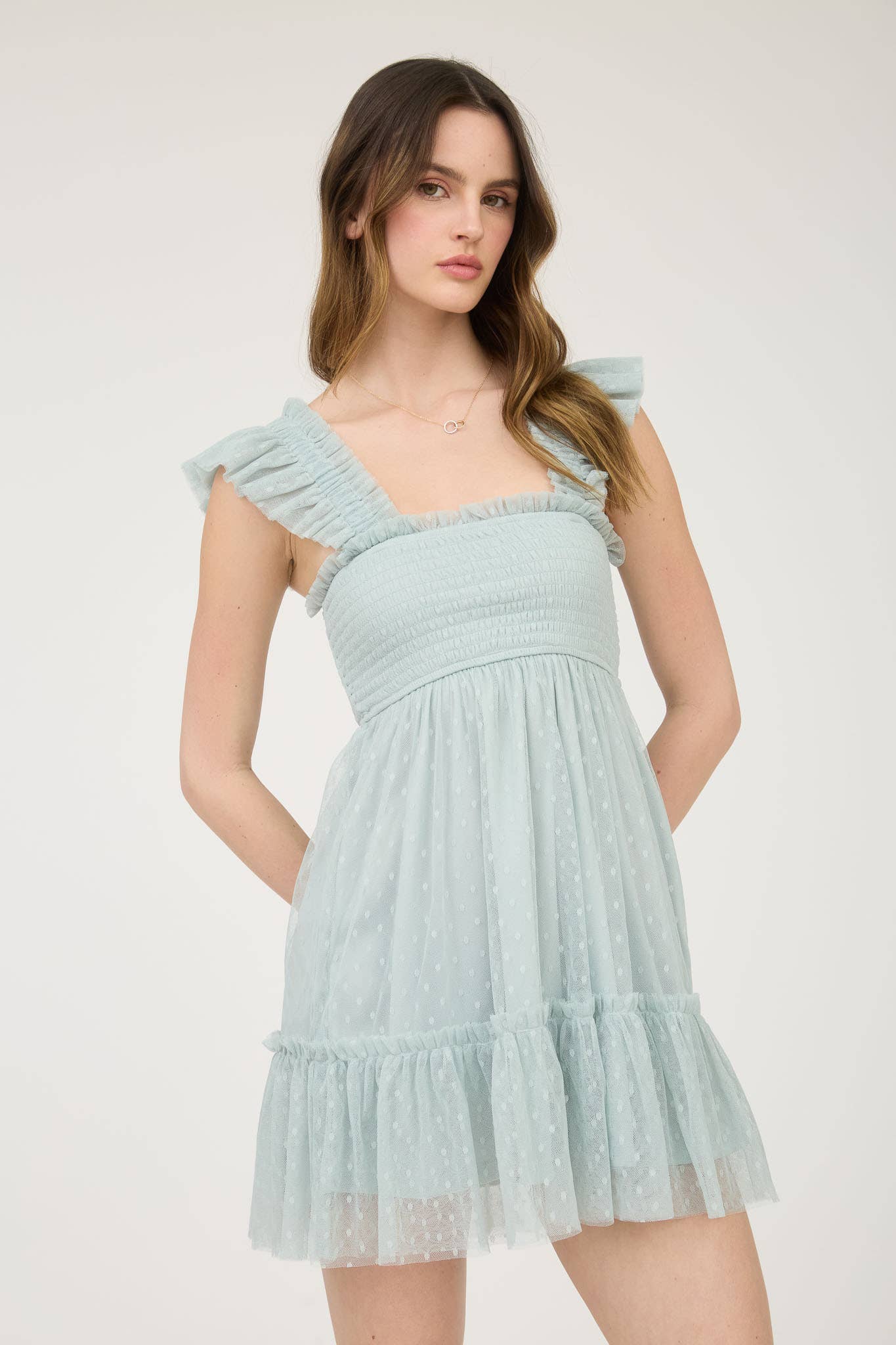 POLKA DOT CHIFFON SMOCKED RUFFLE DETAIL MINI DRESS