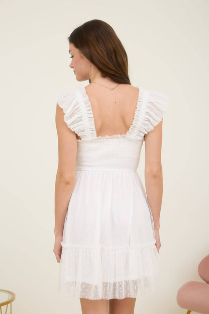 POLKA DOT CHIFFON SMOCKED RUFFLE DETAIL MINI DRESS