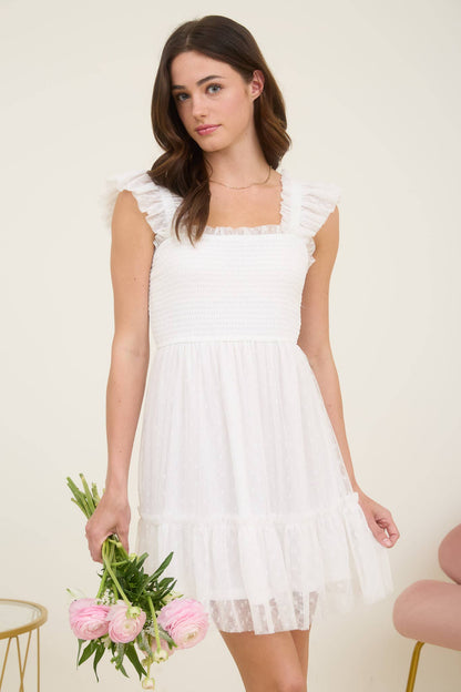POLKA DOT CHIFFON SMOCKED RUFFLE DETAIL MINI DRESS