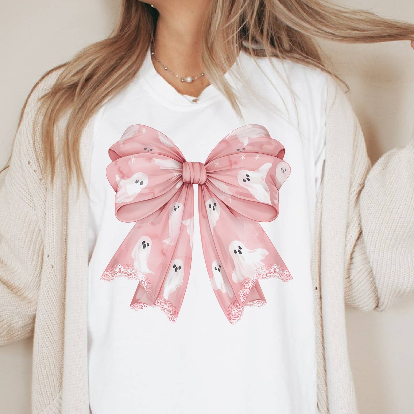 Coquette Ghost Girly Pink Ghost Bow Halloween Graphic Tee