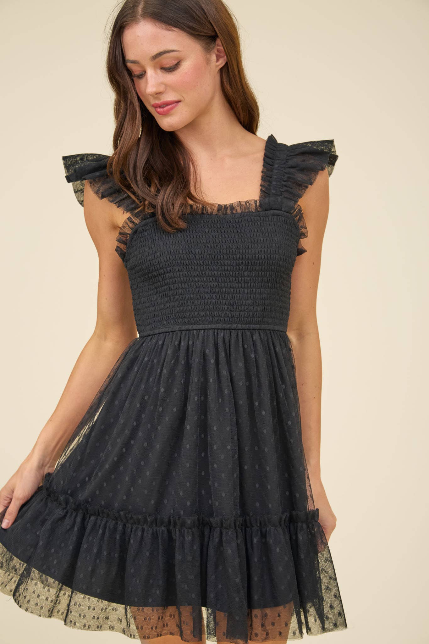 POLKA DOT CHIFFON SMOCKED RUFFLE DETAIL MINI DRESS