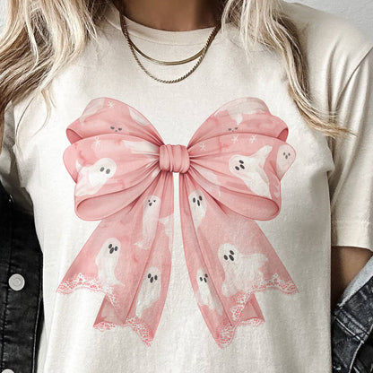 Coquette Ghost Girly Pink Ghost Bow Halloween Graphic Tee
