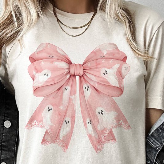 Coquette Ghost Girly Pink Ghost Bow Halloween Graphic Tee