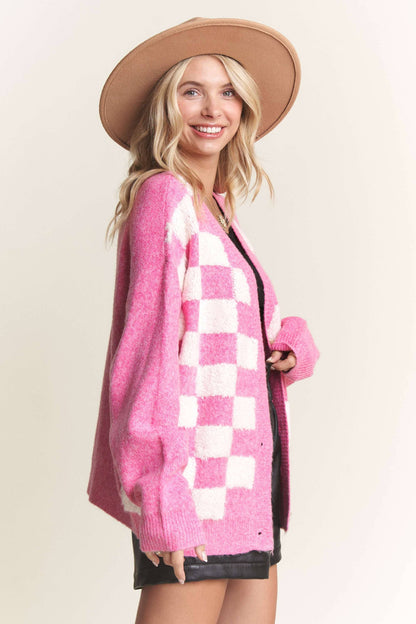 LESW3588- PUFF CHECKER SWEATER CARDIGAN