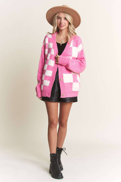 LESW3588- PUFF CHECKER SWEATER CARDIGAN