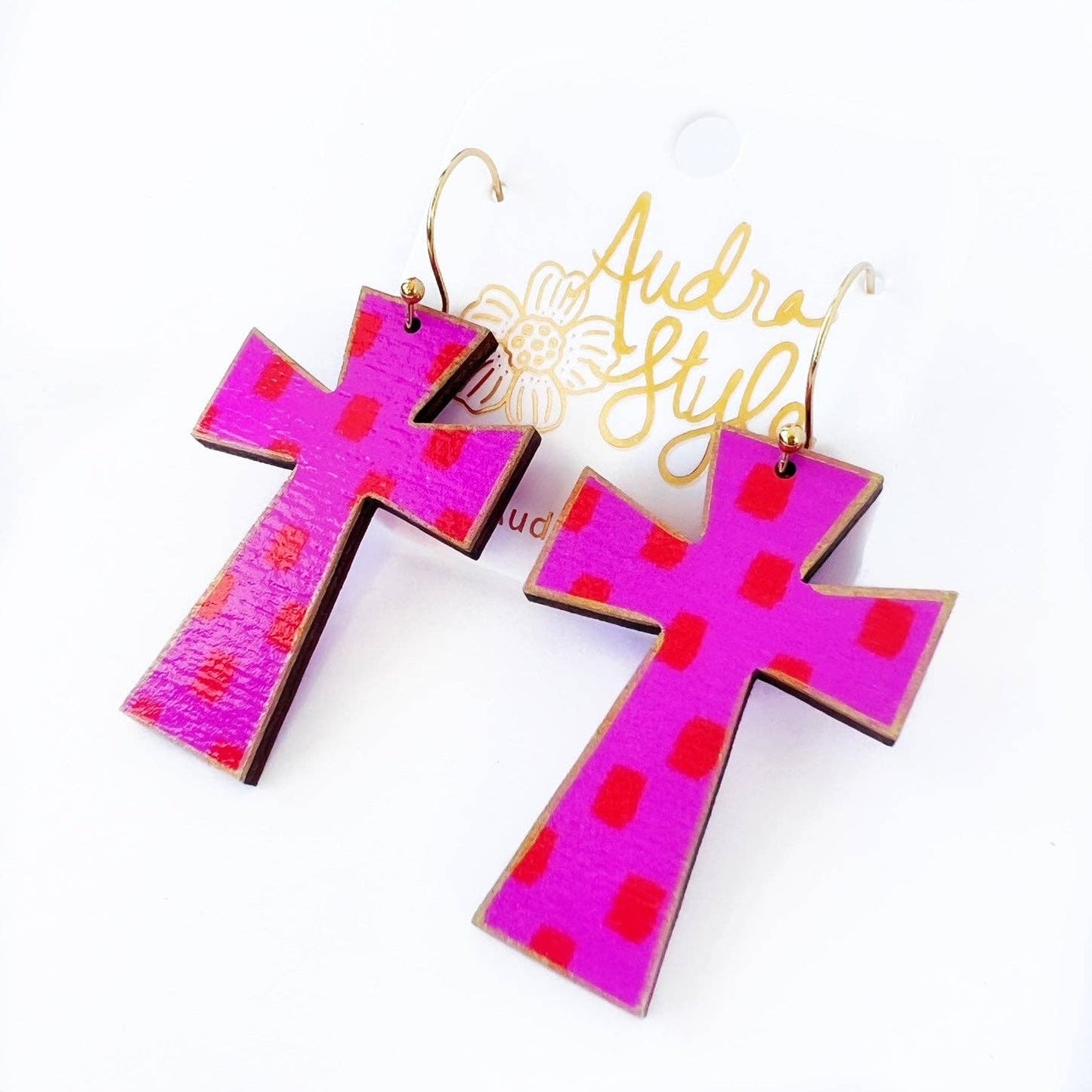 Cross Dangle Earring- Pink Red Dot-Religious