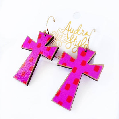 Cross Dangle Earring- Pink Red Dot-Religious
