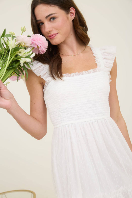 POLKA DOT CHIFFON SMOCKED RUFFLE DETAIL MINI DRESS