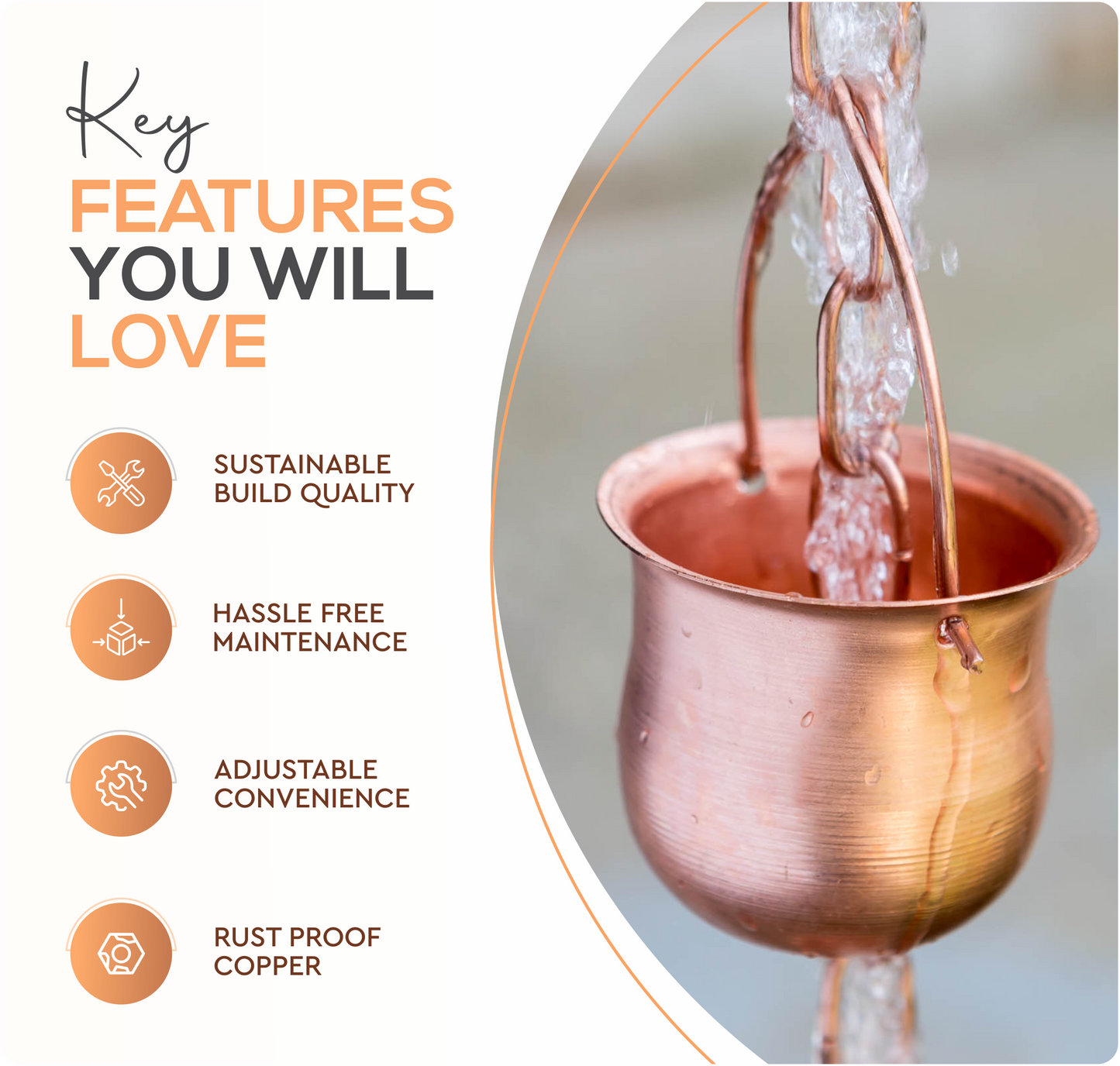Marrgon Copper Rain Chain with Pot Style Cups for Gutter
