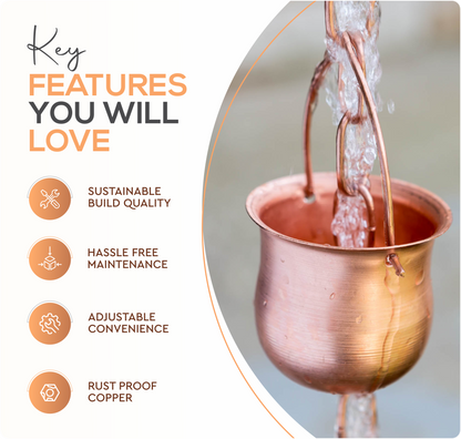 Marrgon Copper Rain Chain with Pot Style Cups for Gutter