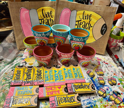Teacher Dry Eraser set with marker, painted like a pencil or sheet of paper.  Can be personalized.