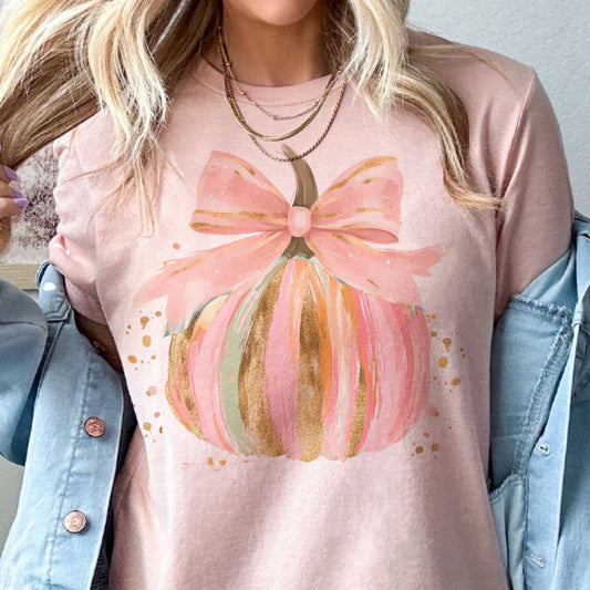 Pumpkin Watercolor Splatter Pink Bow Fall Vibe Graphic Tee