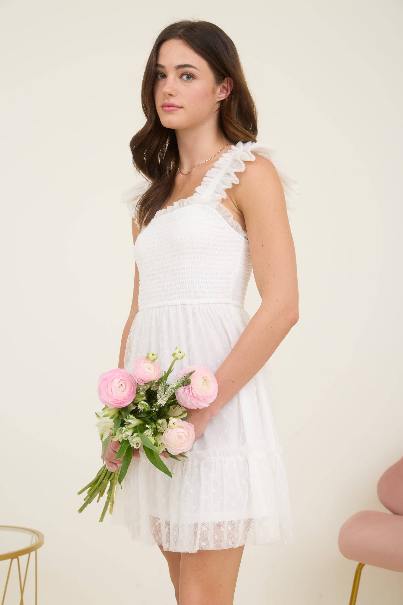 POLKA DOT CHIFFON SMOCKED RUFFLE DETAIL MINI DRESS