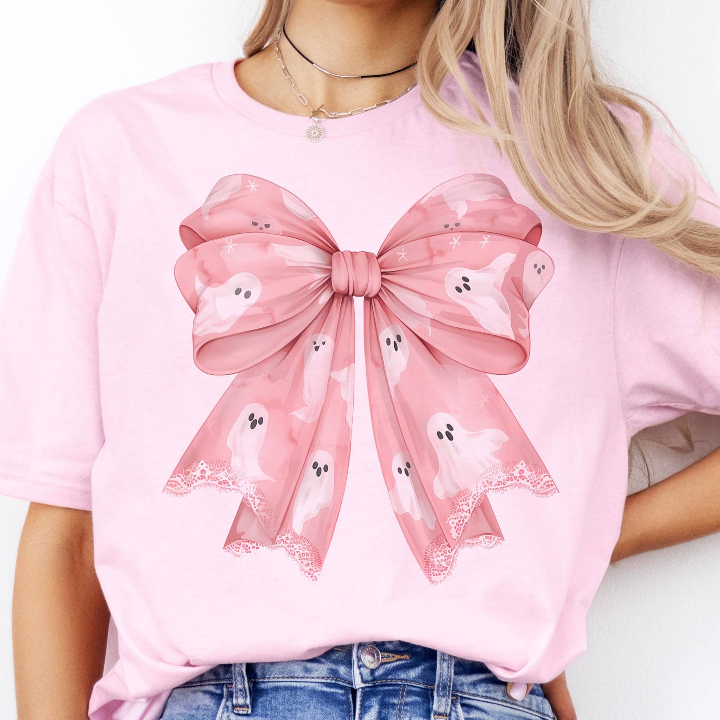 Coquette Ghost Girly Pink Ghost Bow Halloween Graphic Tee