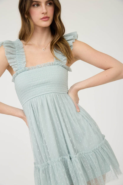 POLKA DOT CHIFFON SMOCKED RUFFLE DETAIL MINI DRESS