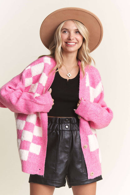 LESW3588- PUFF CHECKER SWEATER CARDIGAN