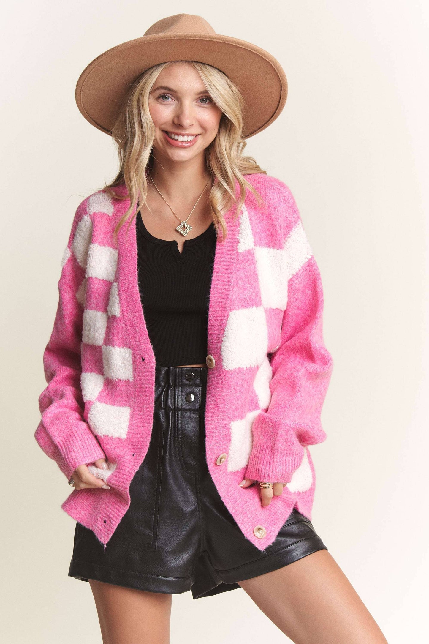 LESW3588- PUFF CHECKER SWEATER CARDIGAN