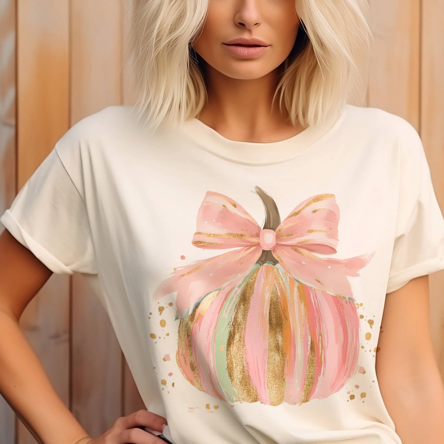 Pumpkin Watercolor Splatter Pink Bow Fall Vibe Graphic Tee