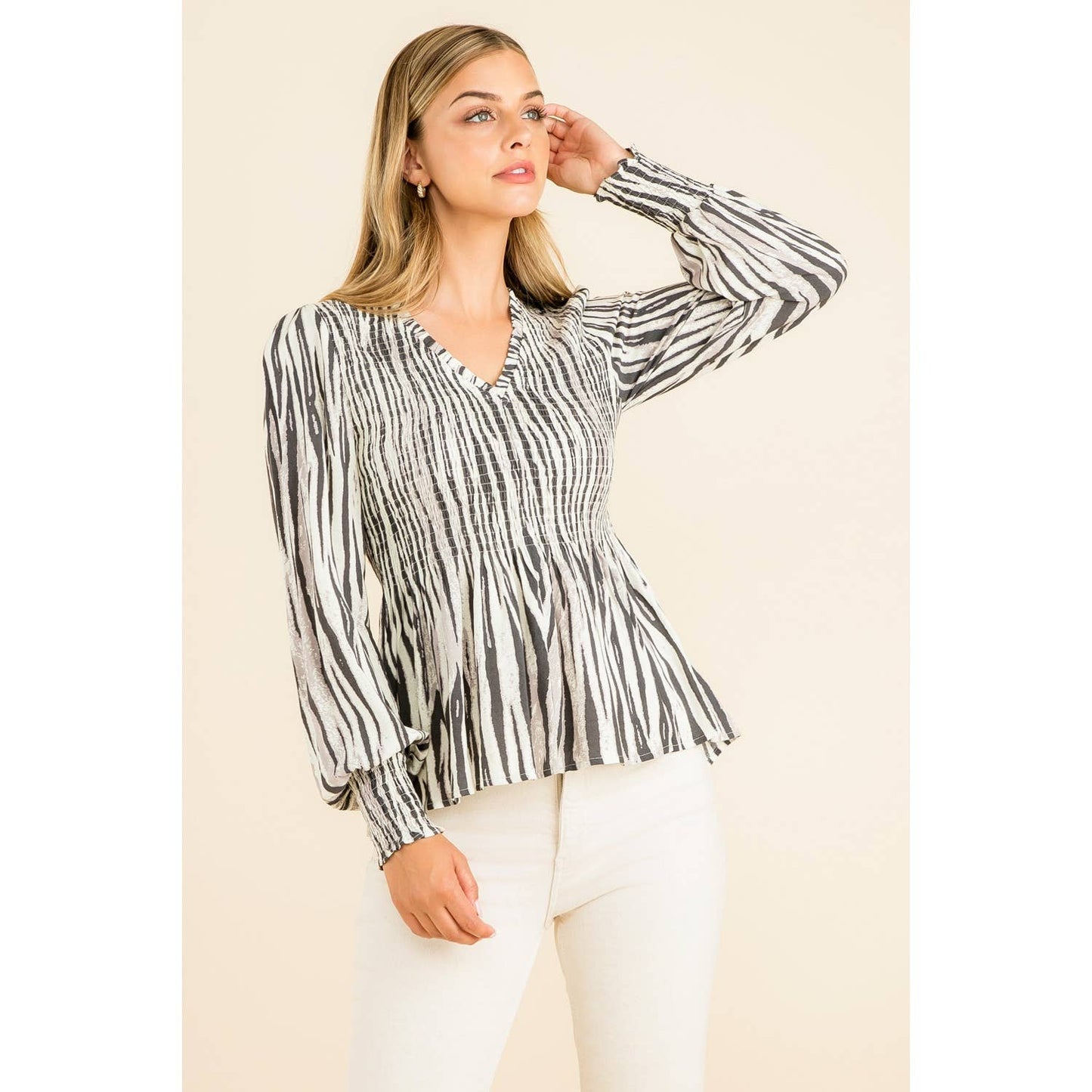 Smocked Zebra Print Top