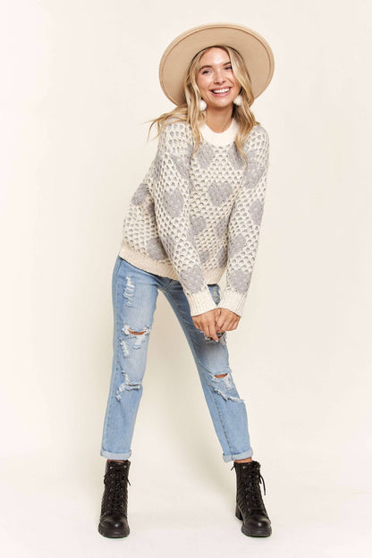 LESW3384-SEQUINS ACCENT HEART SWEATER