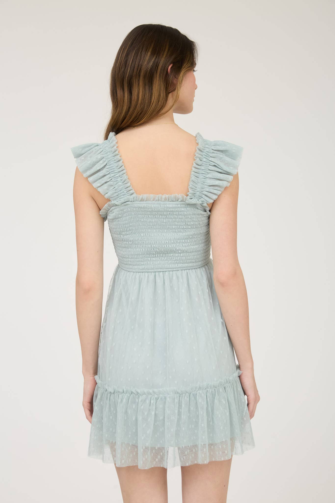 POLKA DOT CHIFFON SMOCKED RUFFLE DETAIL MINI DRESS