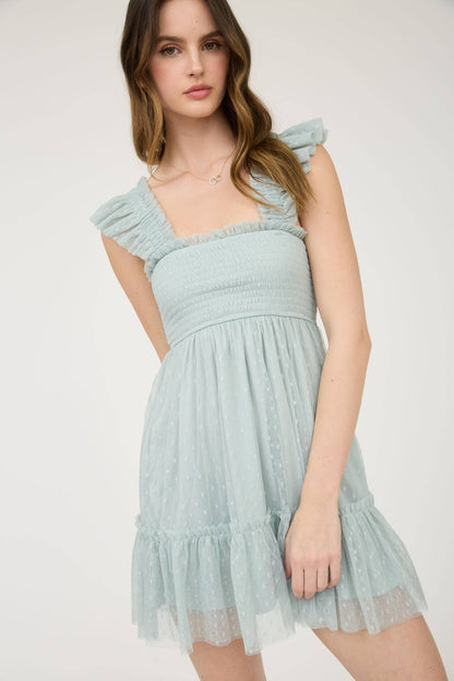 POLKA DOT CHIFFON SMOCKED RUFFLE DETAIL MINI DRESS