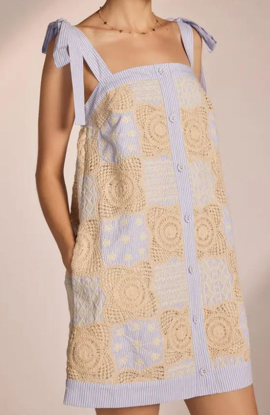 Floral Crochet Stripe Patchwork Mini Dress