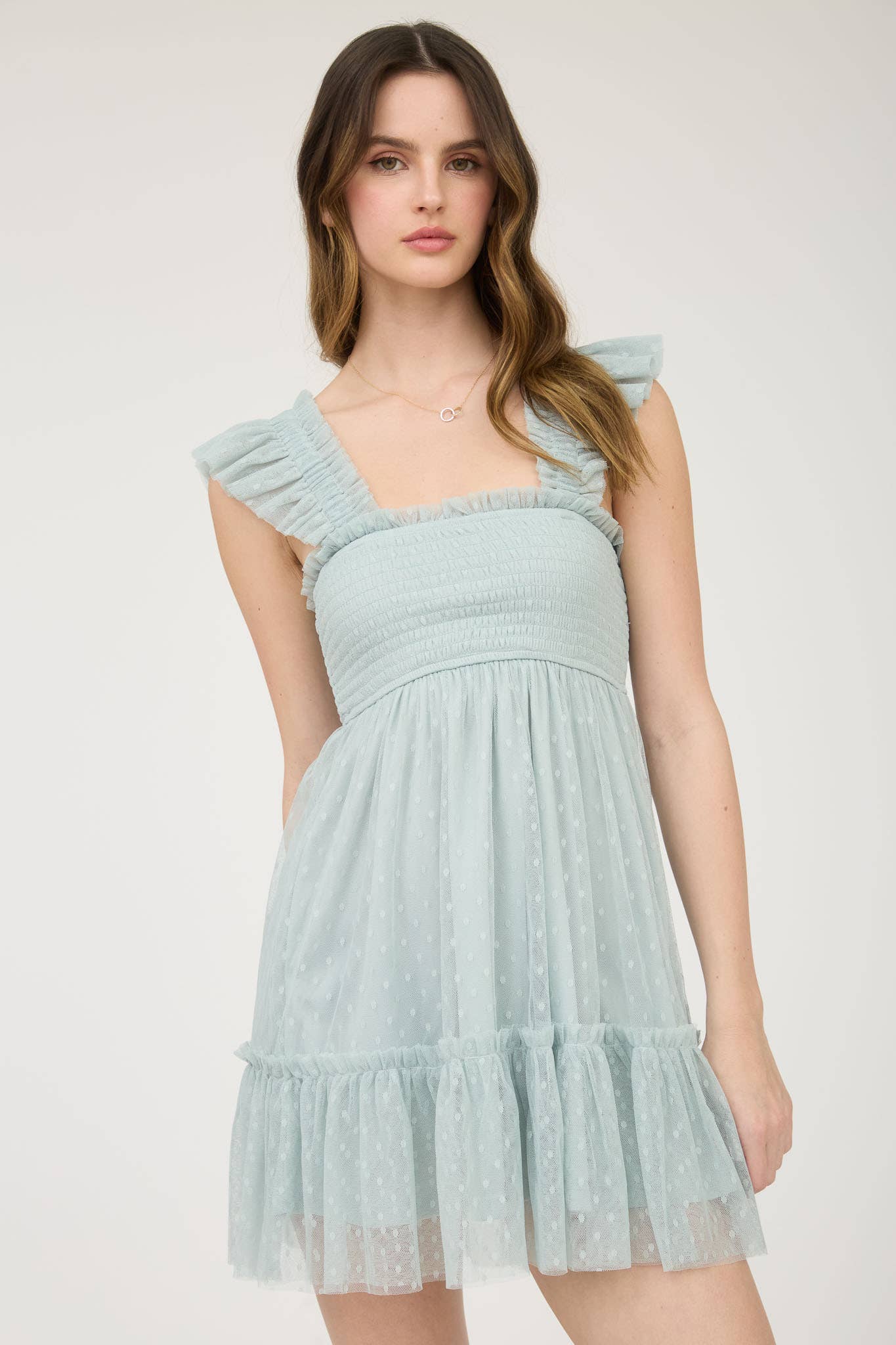POLKA DOT CHIFFON SMOCKED RUFFLE DETAIL MINI DRESS