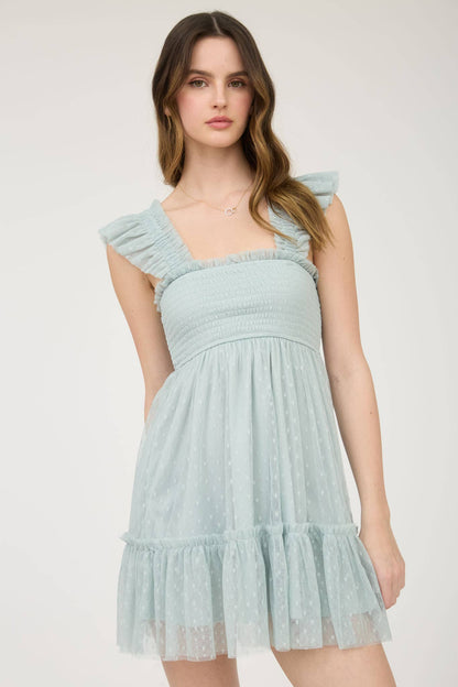 POLKA DOT CHIFFON SMOCKED RUFFLE DETAIL MINI DRESS