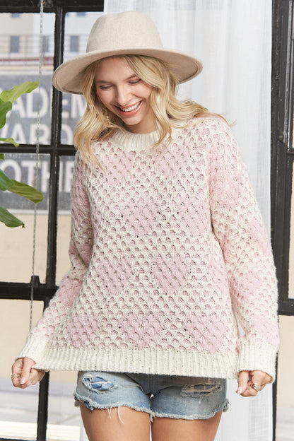 LESW3384-SEQUINS ACCENT HEART SWEATER