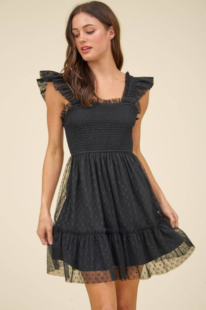 POLKA DOT CHIFFON SMOCKED RUFFLE DETAIL MINI DRESS