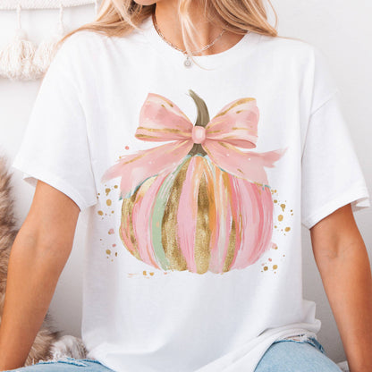 Pumpkin Watercolor Splatter Pink Bow Fall Vibe Graphic Tee