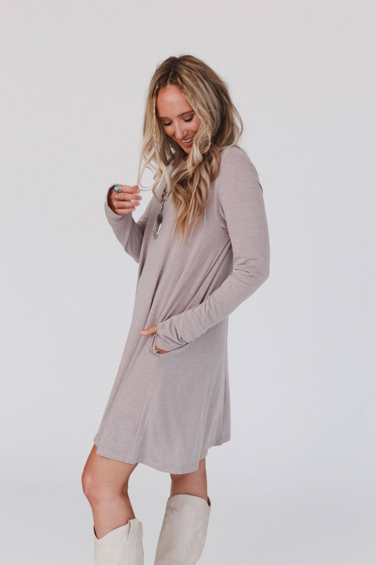 Jake Long Sleeve Crewneck Dress - Mocha Latte