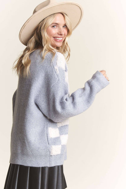 LESW3588- PUFF CHECKER SWEATER CARDIGAN